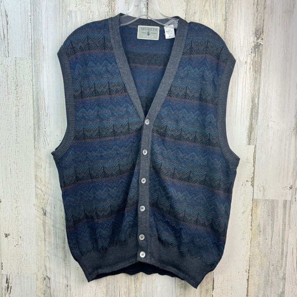 VINTAGE SEGRETO 100% MARINO WOOL PATTERN VEST SIZE LARGE MADE IN ITALY
